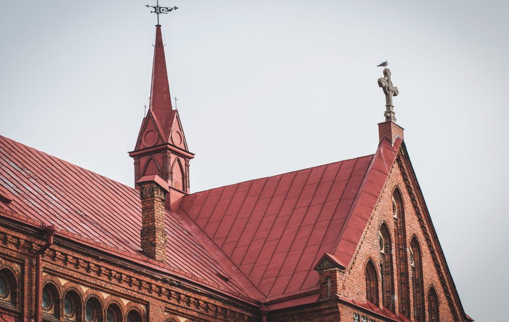 The spire and cross of the Roman Catholic Cathedral of the Immaculate Virgin Mary