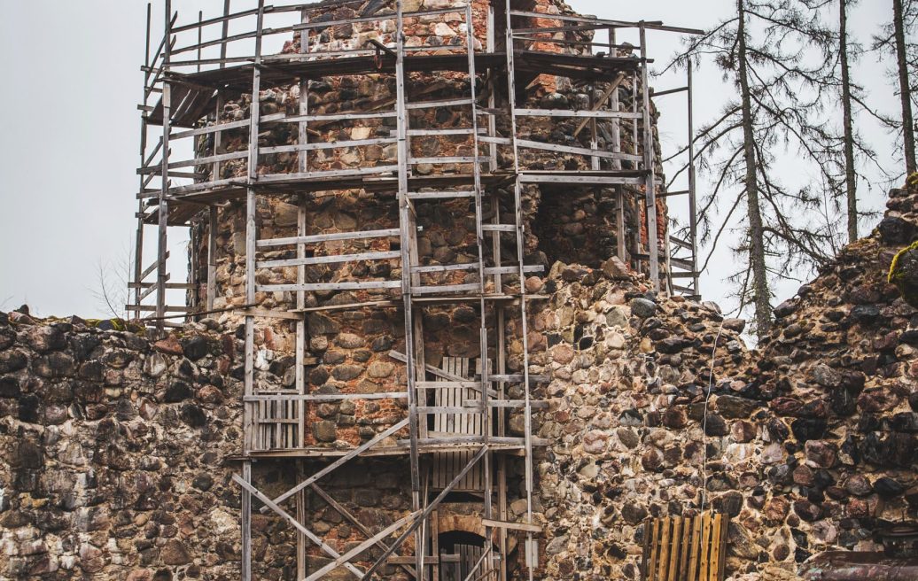 The North tower of the medieval castle of Ergeme with wooden racks, without a roof