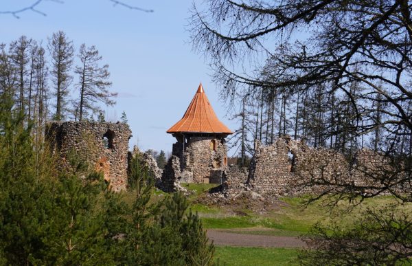 Ērģemes viduslaiku pils Ziemeļu tornis no attāluma, fonā zilas debesis, priekšplānā meža ainava