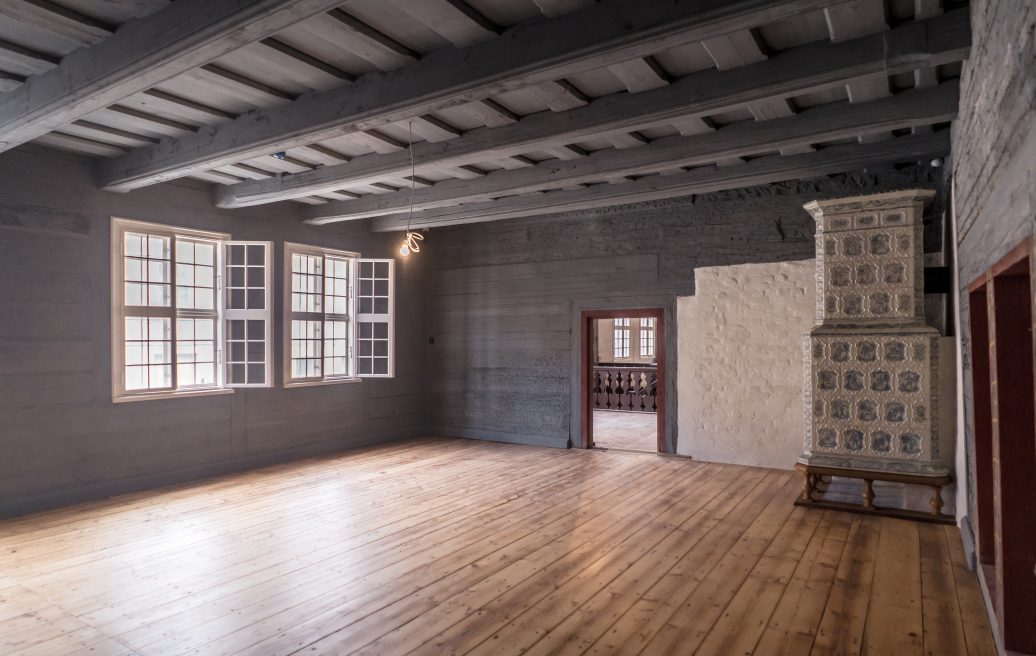 Interior of Mrs. Hoyer's guest house with fireplace