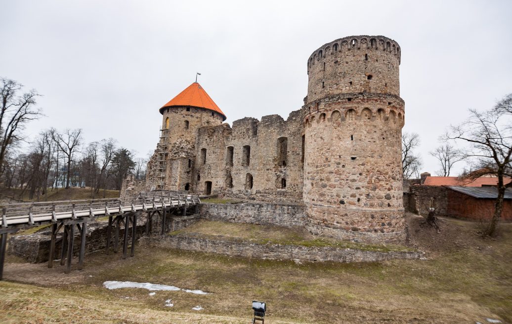 The medieval castle of Cēsis in full view with the visitor's path