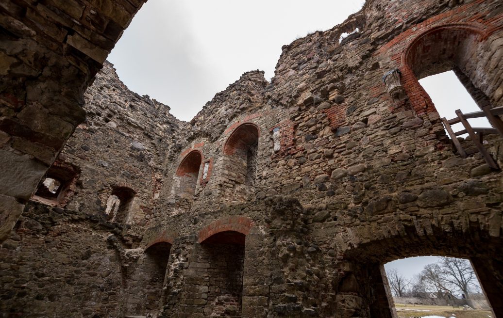 Cēsis medieval castle ruins with a view of the sky and one of the corners of the castle site