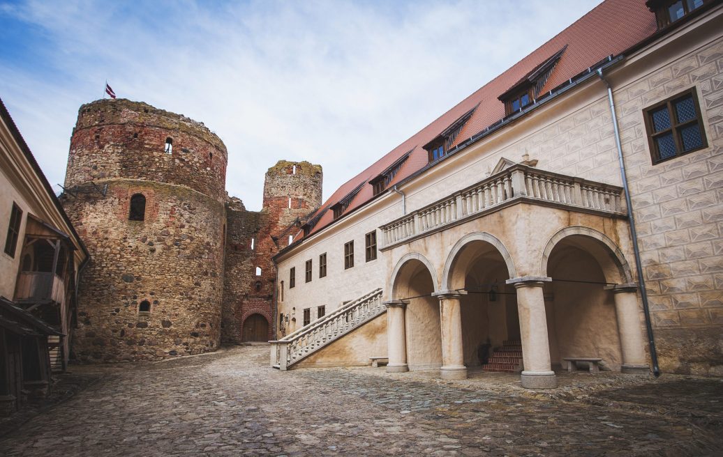 Bauskas castle renovated the facade and tower with Latvian flag on top of the tower