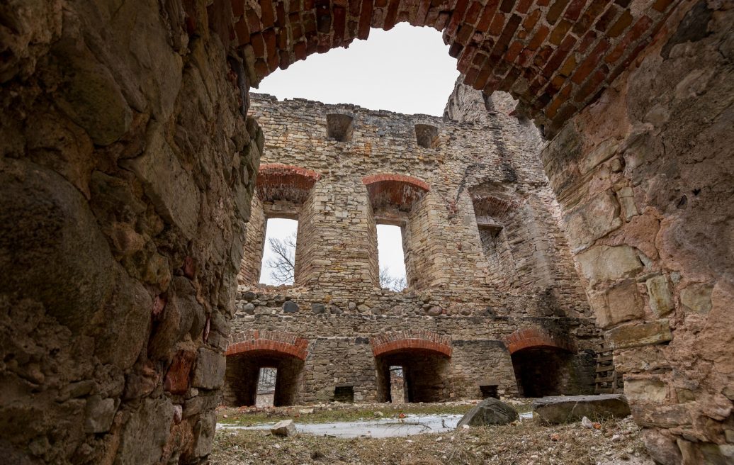 View of the medieval castle ruins of Cēsis from the courtyard with visible windows