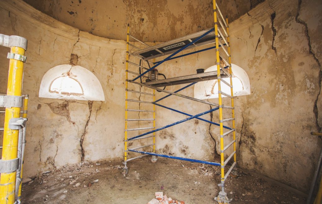 Interior works of the Vietinghoff Family mausoleum building during reconstruction, visible shelves