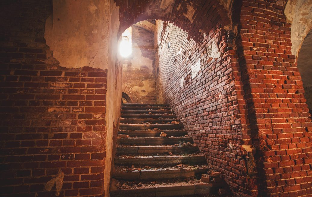 Daugavpils fortress stairs with collapsed brick peaces