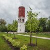 Ķemeru water tower after reconstruction with the Latvian flag at the top of the tower