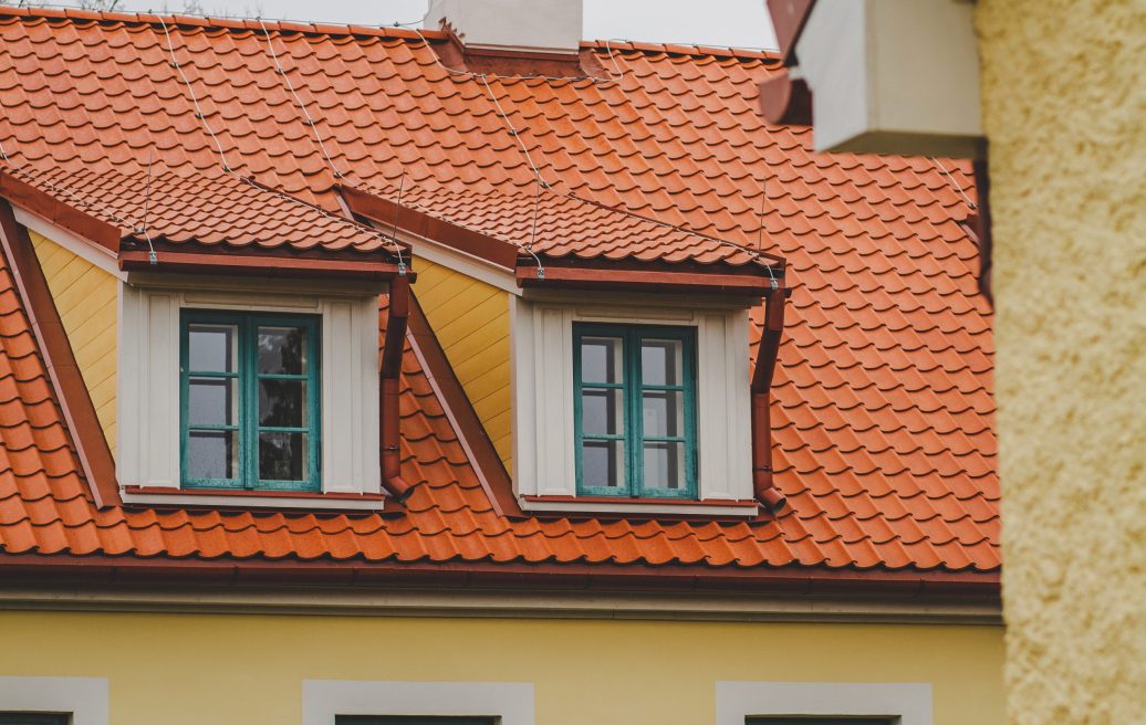 Firksu-Pedvāles muižas ēkas jumts ar jumta logiem un zaļām loga rūtīm