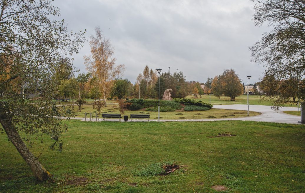 Carnikava village park with sculpture