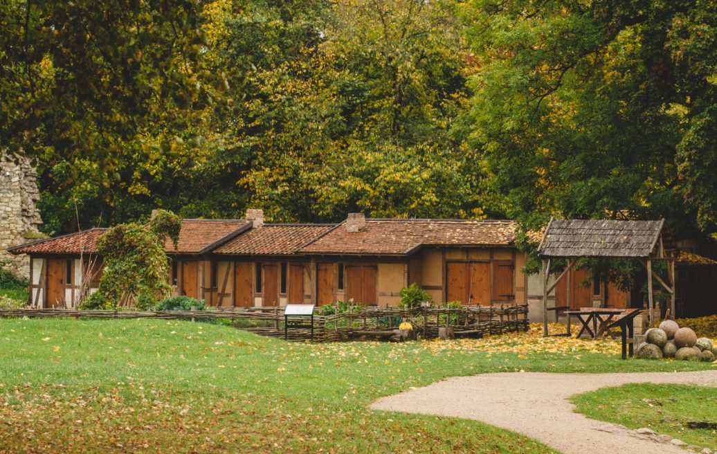 Cēsis medieval castle houses from the outside, on an autumn day in Latvia