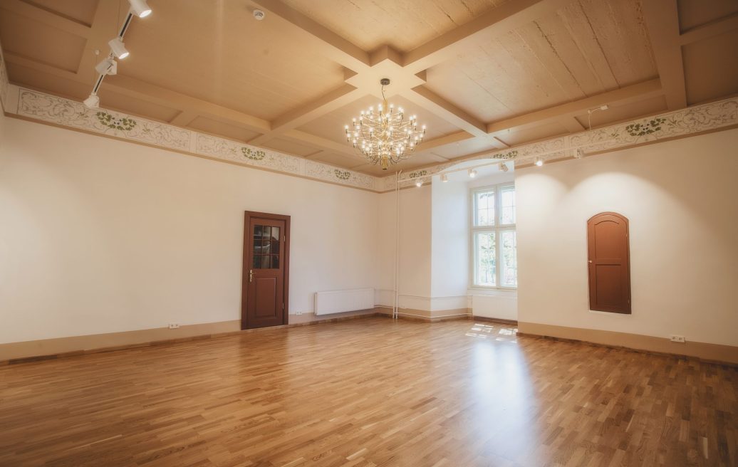 Dundaga Castle renovated room with chandelier