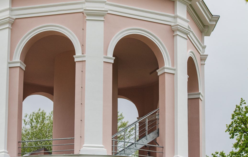 Close-up of the decoration of the pink part of the Ķemeri water tower