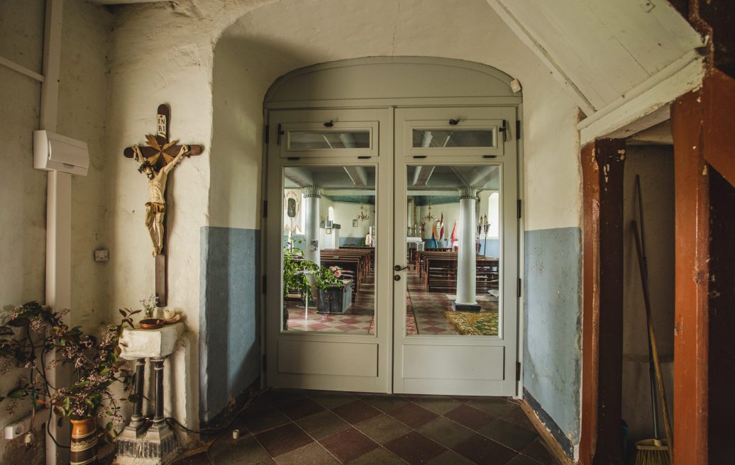 The entrance door of Jūrkalne Roman Catholic Church