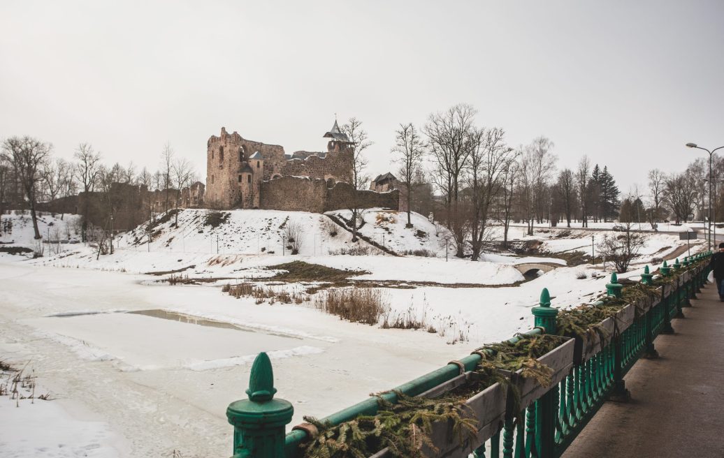 Dobeles Castle in the winter landscape