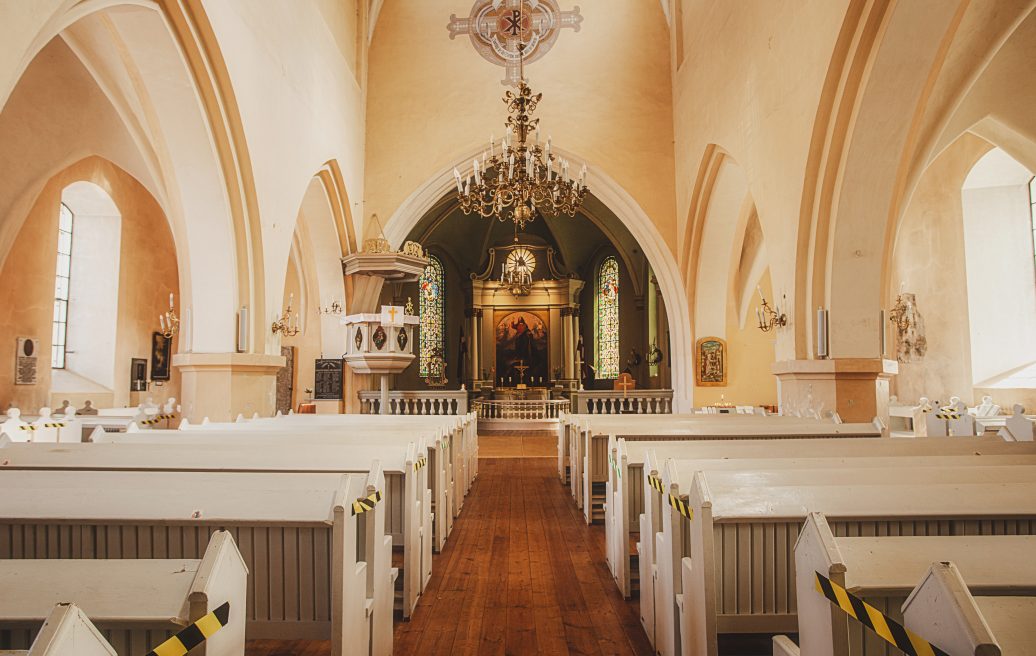 St. Valmiera Simon's Church from the inside, chandelier, altar, seats