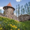 Northern Tower of Ērģeme Medieval Castle from the outside with a blue sky in the background