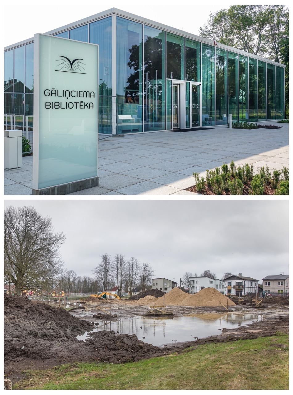 A collage of the Galiņciems Library building before and after the construction of the center