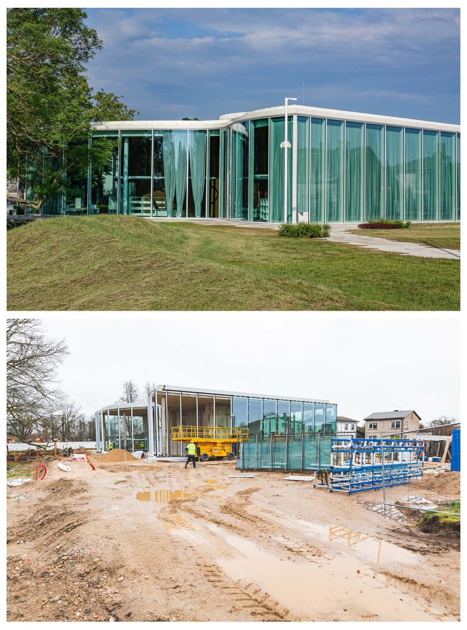 Gāliņciema bibliotēkas ēkas kolāža ar pirms un pēc centra izbūves