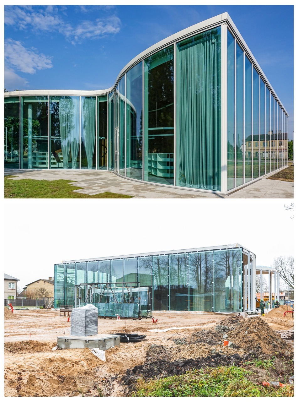 Gāliņciema bibliotēkas ēkas kolāža ar pirms un pēc centra izbūves